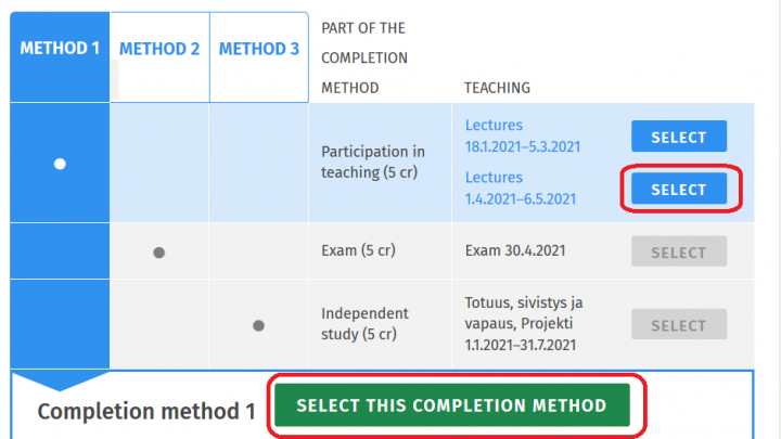 Screenshot: select completion method in Sisu