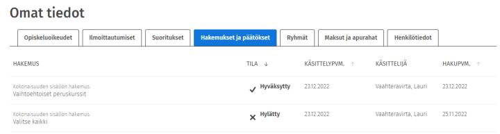 Kuvakaappaus Omat tiedot -sivun Hakemukset ja pyynnöt -välilehdestä.
