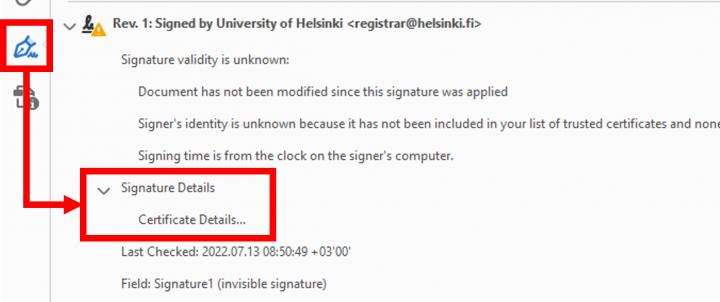 Screenshot of the Signatures panel of the pdf file.