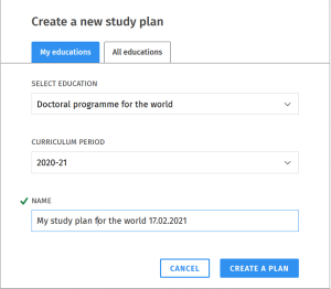 Screenshot: pop-up window create new study plan