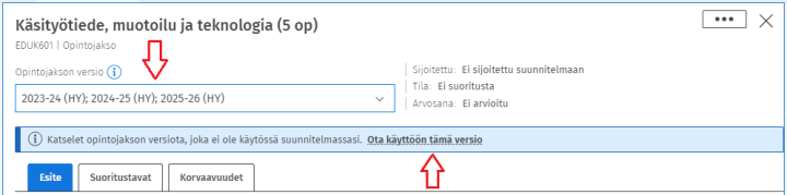 Opintojakson version vaihtaminen Sisussa.