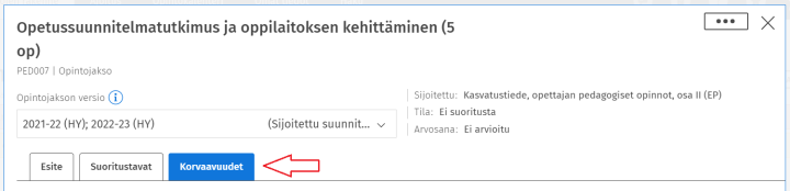 Opintojakson vaihtaminen opintosuunnitelman Korvaavuudet-välilehden kautta.