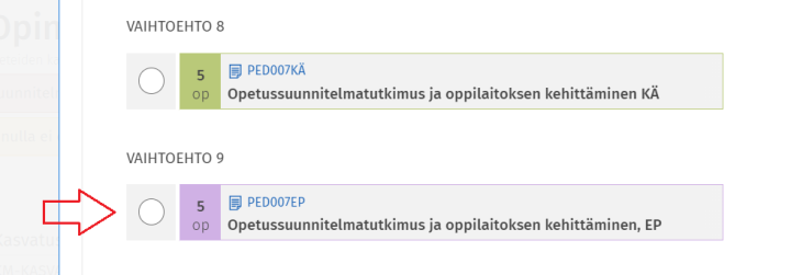 Opintojakson vaihtaminen opintosuunnitelman Korvaavuudet-välilehden kautta.