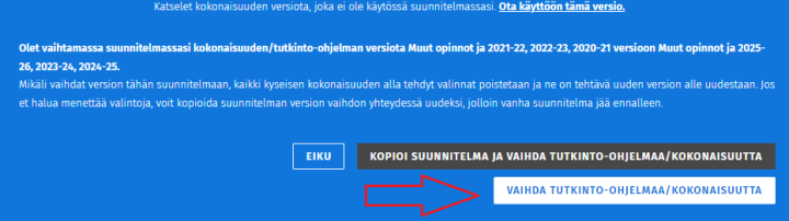 Opintokokonaisuuden version vaihtaminen Sisussa.