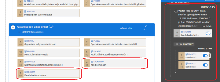 Tutkielman ja siihen liittyvän seminaarin vaihtaminen opintosuunnitelmaan uusille opintojaksokoodeille.