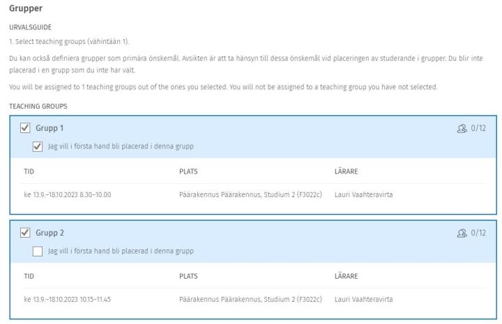 Skärmdump av val av grupper i anmälan-fönstret.