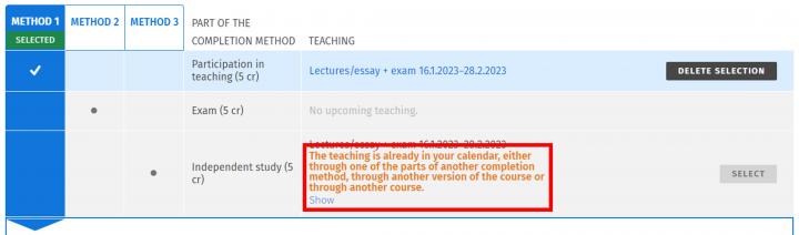 Screen capture of the notification showing under the name of the teaching.