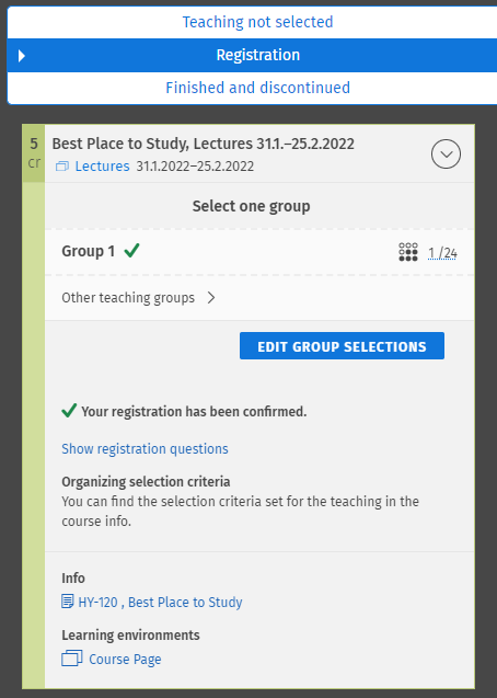 Screen capture of course information with the Edit group selections button visible.
