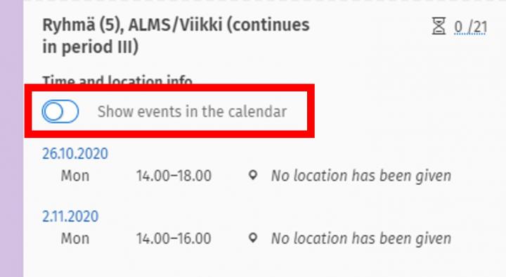 Screen capture of the Show events in the calendar option.