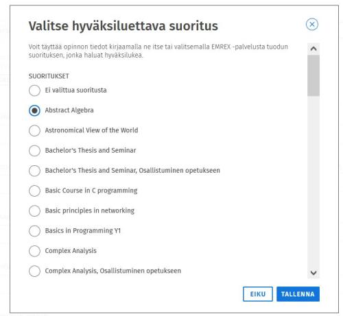 Kuvassa valitaan tietty suoristus suoritusjoukosta.
