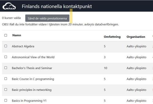 Bilden illustrerar hur man skickar valda studieprestationer till Emrex-tjänsten.