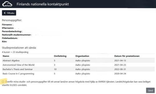 Bilden illustrerar hur man överför och skickar studieprestationer till Emrex-tjänsten.