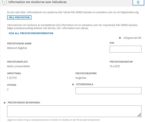 Bilden visar de uppgifter som Emrex har förmedlat i tillgodoräknandeansökan.