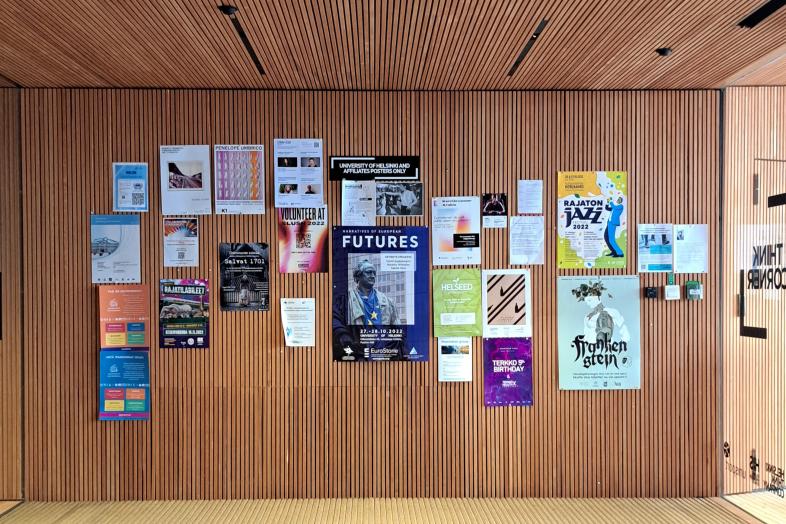 Posters on the Think Corner bulletin board.