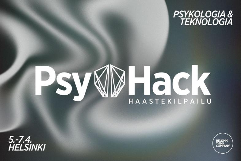 Abstrakti tausta, jonka päällä keskellä teksti "PsyHack -haastekilpailu". Oikeassa yläkulmassa teksti "Psykologia & teknologia". Vasemmassa alakulmassa teksti "5.-7.4. Helsinki". Oikeassa alakulmassa Tiedekulman logo.