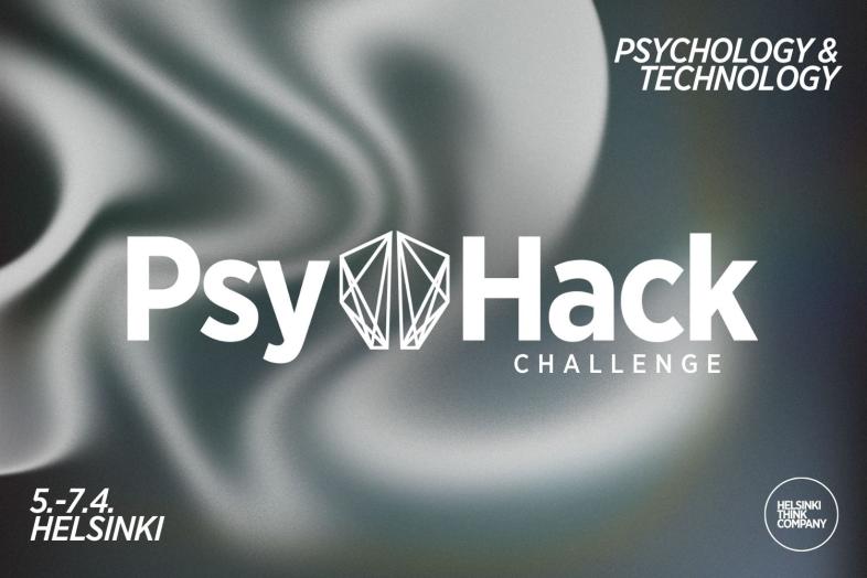 Abstract background with the text "PsyHack challenge" in the middle. In the top right corner, the text "Psychology & Technology". In the lower left corner text "5.-7.4. Helsinki". In the bottom right corner, the logo of Helsinki Think Company.