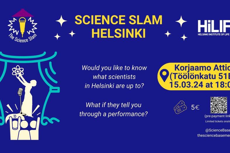 På en blå bakgrund finns text som sammanfattar detaljer om evenemanget som också finns i meddelandetexten. I mitten står det "Would you like to know what scientists in Helsinki are up to? What if they tell you through a performance?".