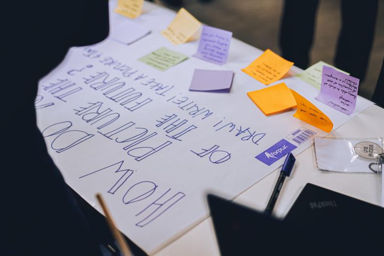 a flipchart with text and post-its