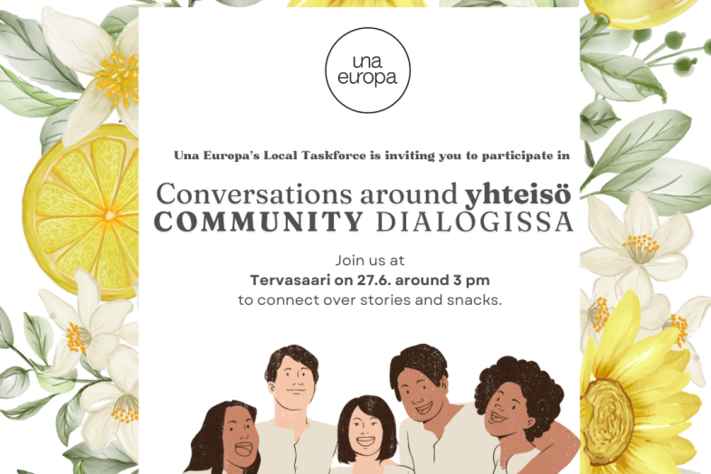 A drawing of five people laughing together on a background of flowers