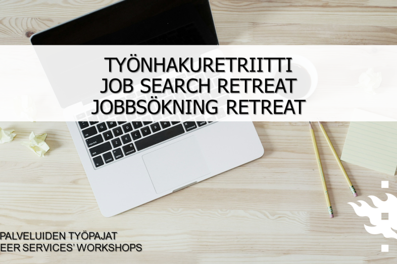 Kuvassa tietokone ja muistiinpanovälineet sekä teksti työnhakuretriitti, job serach retreat, jobbsökning retreat
