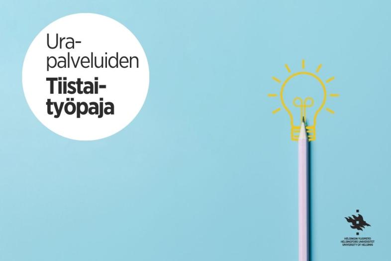  Penna på blå bakgrund. En vit cirkel med texten "Karriärtjänsternas tisdagsverkstäder".