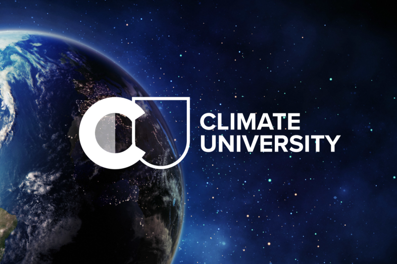 In the background, the Earth as seen from space, with the text Climate University in the foreground.