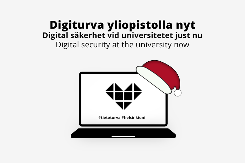 kannettava tietokone, tonttuhattu, teksti Digiturva yliopistolla nyt ajankohtaiskatsaus