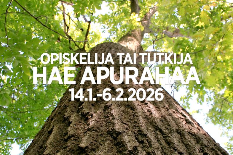 Taustalla puun runko, etualalla teksti "Opiskelija tai tutkija, hae apurahaa 14.1.–6.2.2026".