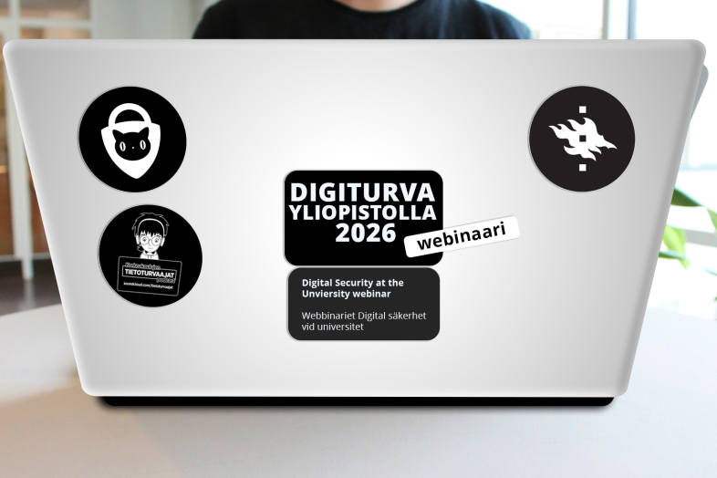 laptop, laptop stickers with a text Digital security at the university webinar