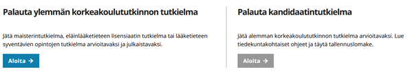 Kuva tutkielman palauttamisen aloittamisesta järjestelmässä. Paina painiketta Aloita