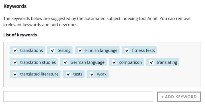 Screenshot of how to select and add keywords