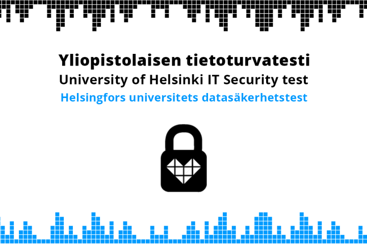 Lukkokuvake, jossa geometrinen sydän, teksti Yliopistolaisen tietoturvatesti.