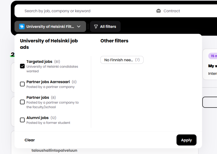 Select "Targeted jobs" from the filters to see jobs posted by Finnish employers.