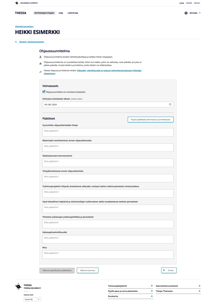 Esimerkki ohjaussuunnitelmasta