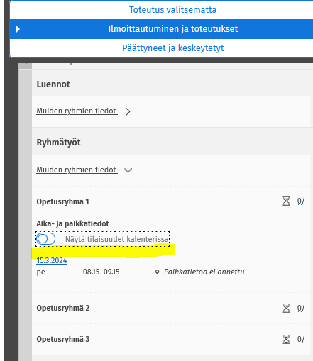 Näytä tilaisuudet kalenterissa -toiminto